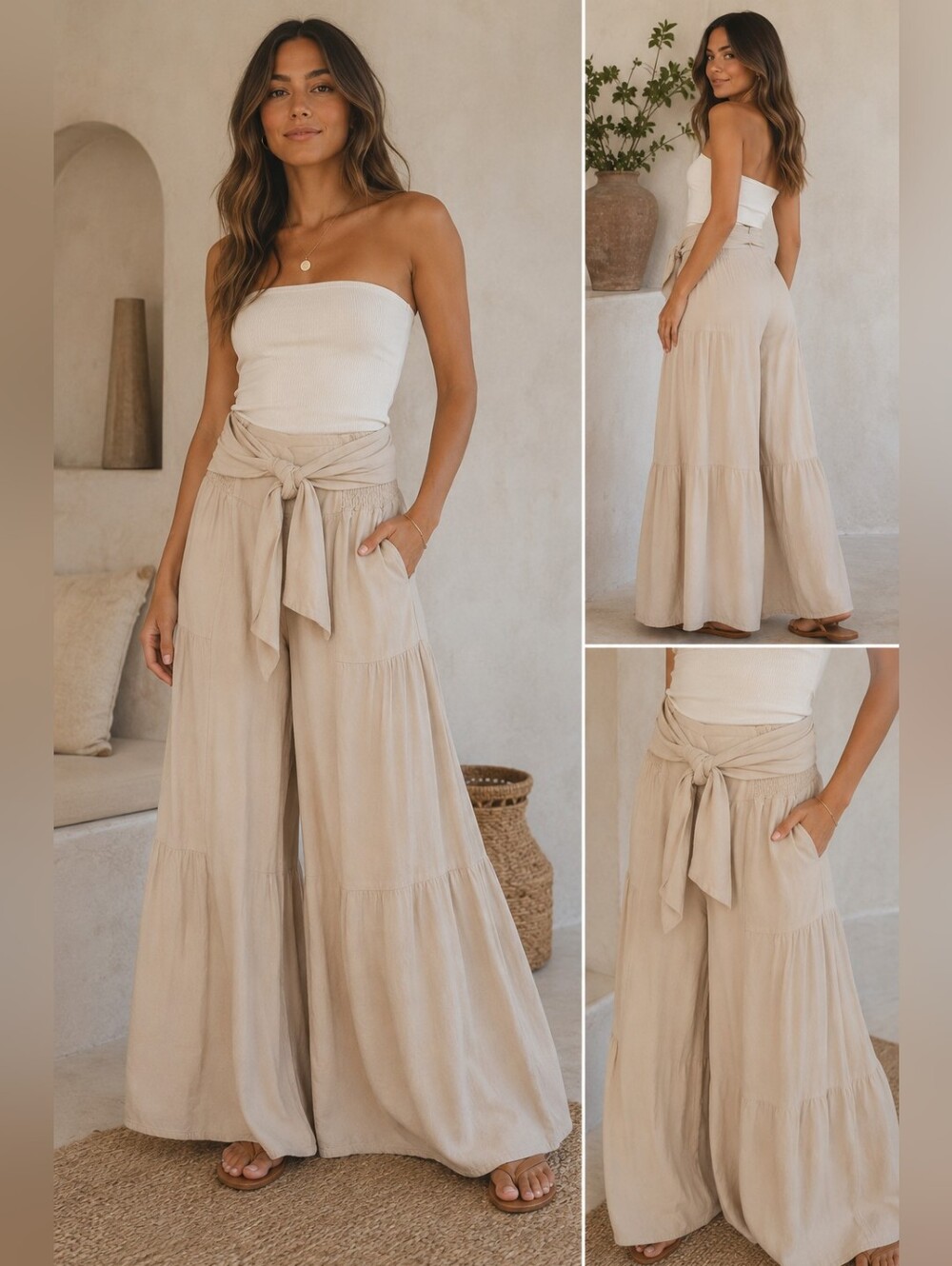 Sincerely Jules Beige Khaki Wide Leg Palazzo Pants Boho Lounge Tiered Soft Small